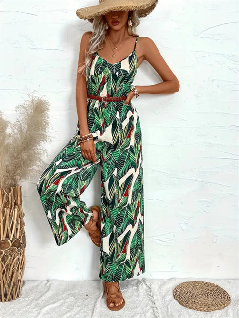 Tropical Print Spaghetti Strap Wide Leg Jumpsuit - Odaingerous